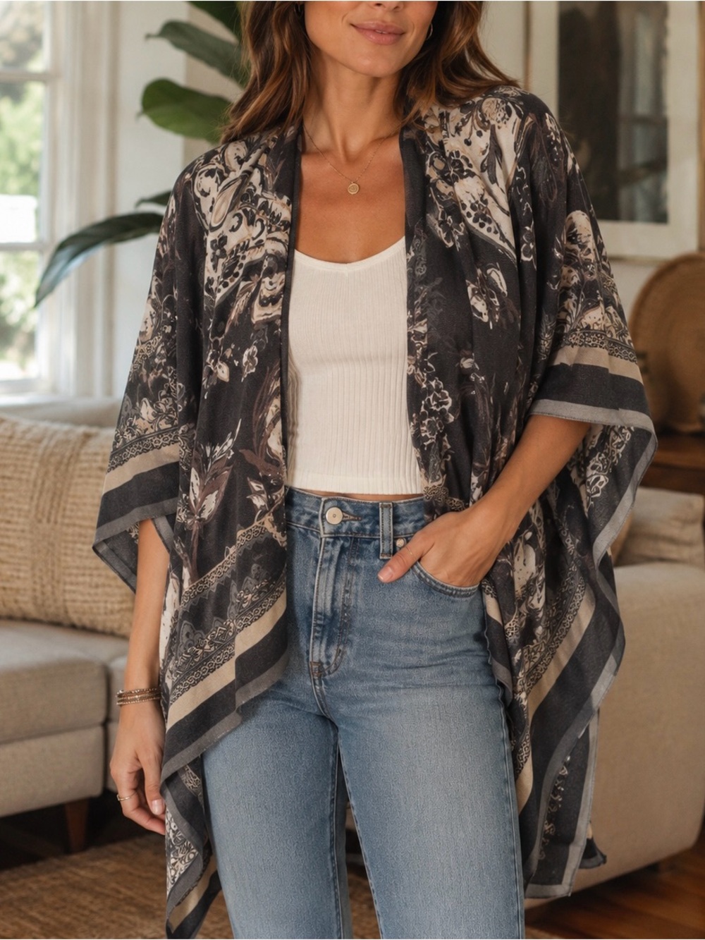 Vince Camuto paisley grey/tan  Kimono Cardigan boho sz OS